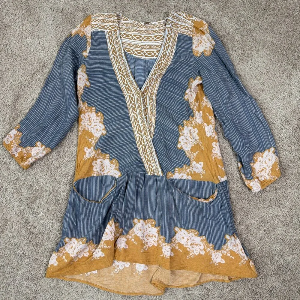 Free People Mini Dress Womens M Blue Gold Bohemian Lightweight Pockets Tunic Top - Picture 1 of 7